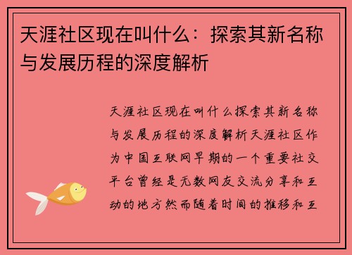 天涯社区现在叫什么：探索其新名称与发展历程的深度解析